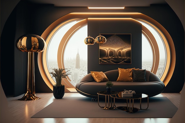 futuristic living room with a view to the city