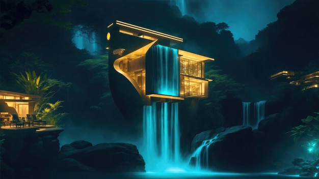 The futuristic lodge over a waterfall at forest in the night