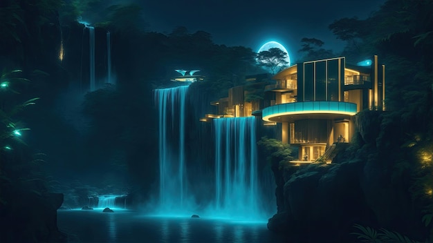 The futuristic lodge over a waterfall at forest in the night