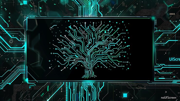Photo futuristic logo of tree of life made from circuit board solid background bright color palette teal and black