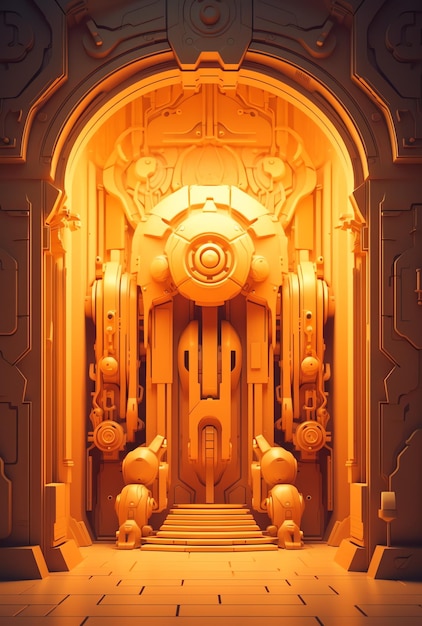 A futuristic looking building with a large orange door and a large number of gears.