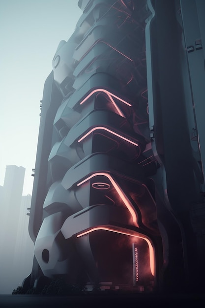 A futuristic looking building with pink lights and a city in the background.