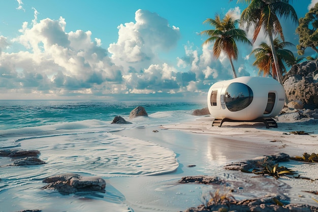 Photo a futuristic looking house on the beach with palm trees in the background and a blue sky with clouds