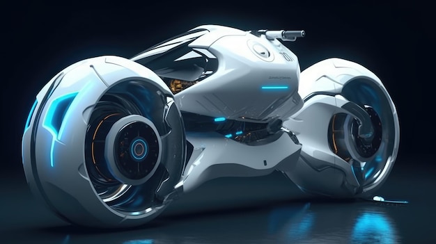 A futuristic looking motorcycle with a white body and a blue and white wheel.