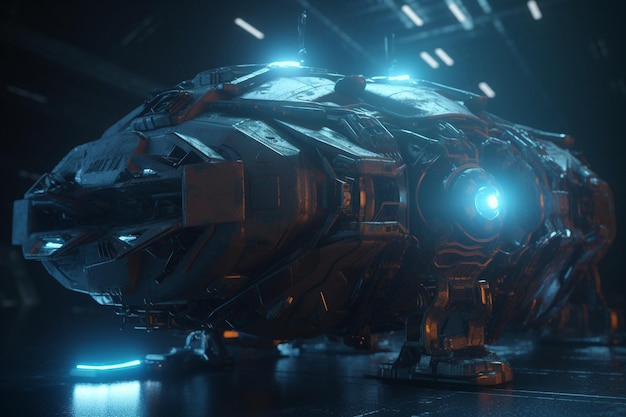 A futuristic looking ship with a blue light that says'star wars'on it