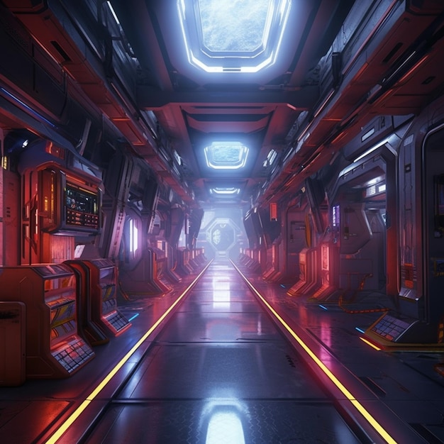 A futuristic looking space with a red light on the ceiling.