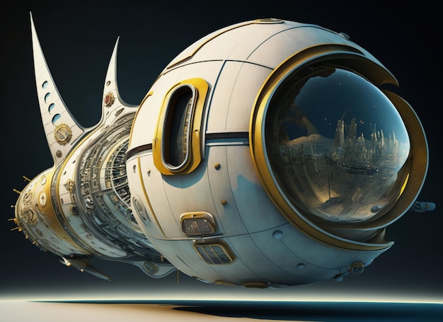 A futuristic looking spaceship with a city in the background.