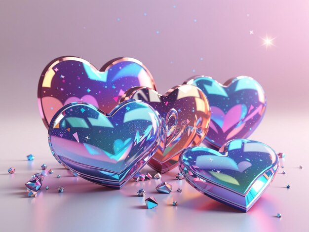 Futuristic Love 3D Holographic Hearts in Y2K Style Set Isolated Keywords tic love 3D h