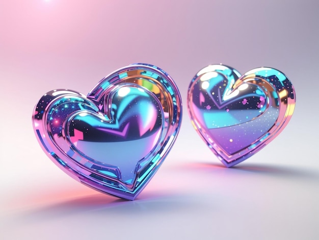 Futuristic Love 3D Holographic Hearts in Y2K Style Set Isolated