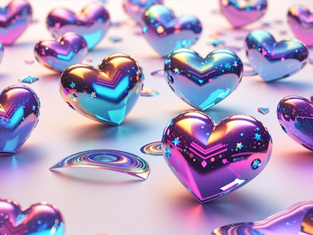 Photo futuristic love 3d holographic hearts in y2k style set isolated