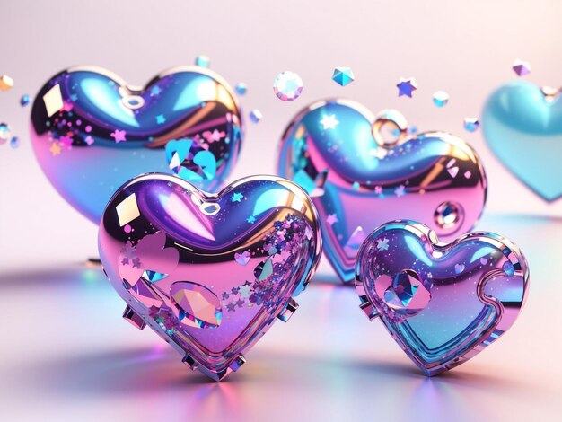 Futuristic Love 3D Holographic Hearts in Y2K Style Set Isolated