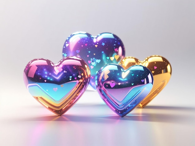 Futuristic Love 3D Holographic Hearts in Y2K Style Set Isolated