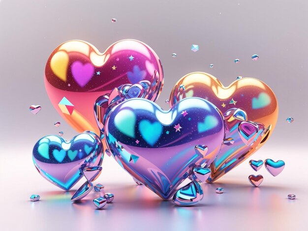 Futuristic Love 3D Holographic Hearts in Y2K Style Set Isolated