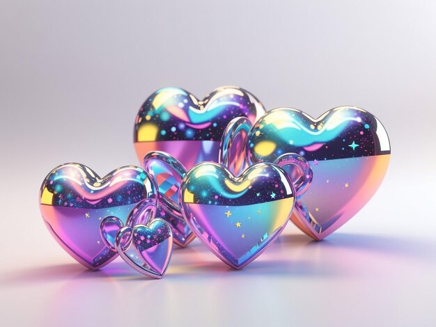 Futuristic Love 3D Holographic Hearts in Y2K Style Set Isolated