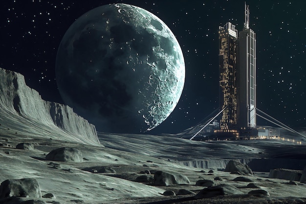 地球と月を結ぶ宇宙エレベーターを備えた未来的な月面基地 進歩した宇宙旅行技術を展示