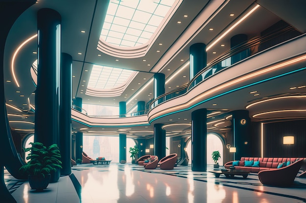 Futuristic luxury blue red hotel lobby Generative AI