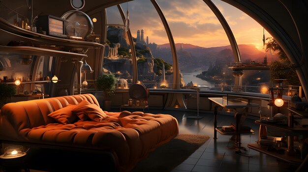 Futuristic luxury hotel room with orange sky background Generative AI