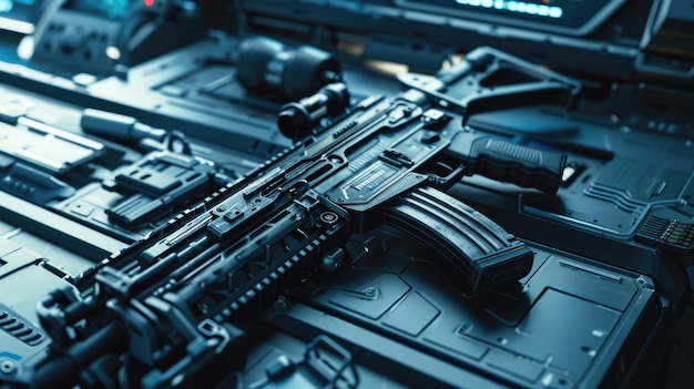 Futuristic machine gun on metal table inside spaceship alien weapon in spacecraft interior on dark blue background Concept of future space scifi cyberpunk game