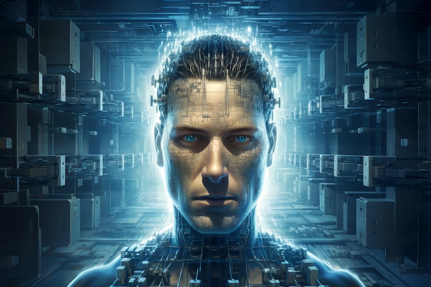 Futuristic male android portrait Future artificial intelligence robots Concept