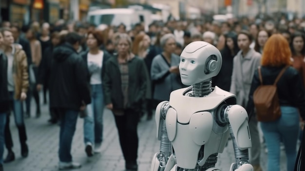 futuristic male robot walking on street among the crowd against blurred background