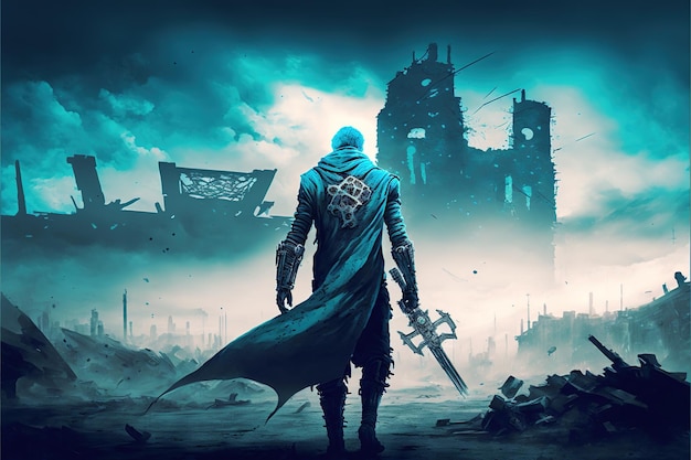 A futuristic man holding a gun in destroyed city digital art style illustration painting fantasy concept of a man with a gun