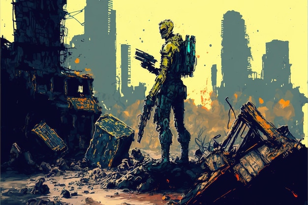 A futuristic man holding a gun in destroyed city digital art style illustration painting fantasy concept of a man with a gun