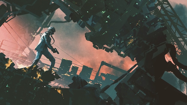 Photo a futuristic man holding a gun in destroyed city, digital art style, illustration painting