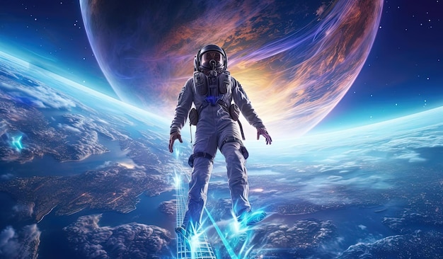 the futuristic man is flying in space by the planets orbit in the style of hyperrealistic