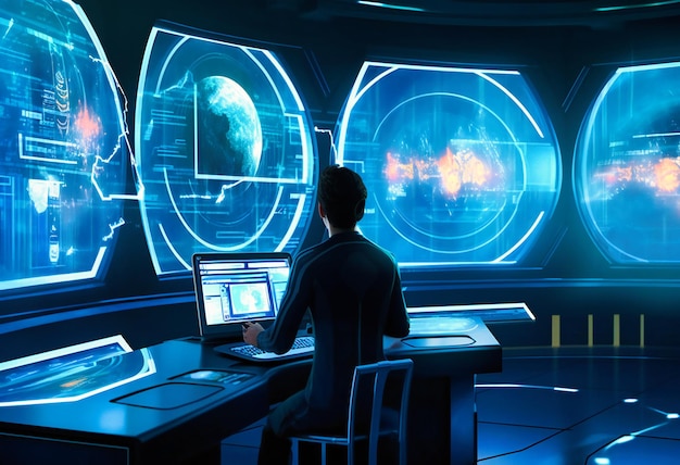 The futuristic man is seen looking through the three monitors that display information
