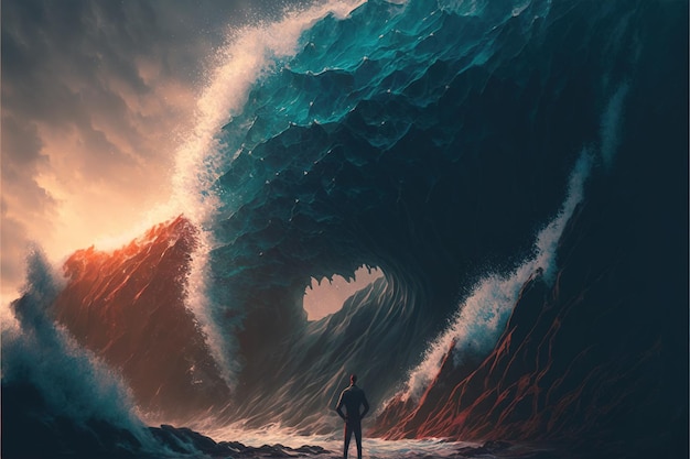 Futuristic man standing in front a huge wave Digital illustration AI