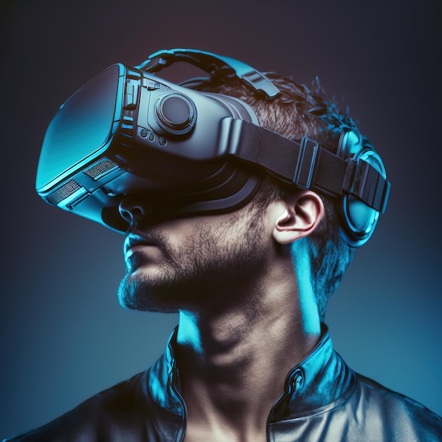 Futuristic Man wearing 3d VR headset glasses looks up 3d illustration