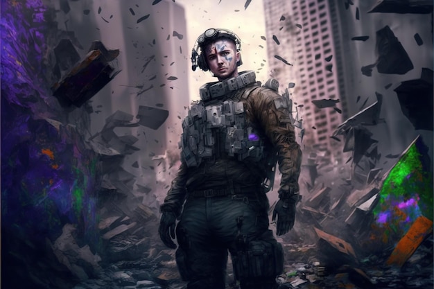 Futuristic man with hightech weapons standing on the rubble digital art style illustration painting fantasy illustration of a futuristic man with weapon in hands