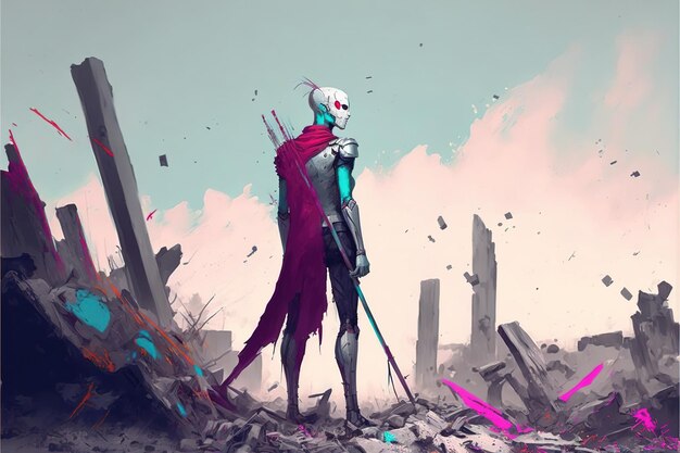 Futuristic man with hightech weapons standing on the rubble digital art style illustration painting fantasy illustration of a futuristic man with weapon in hands