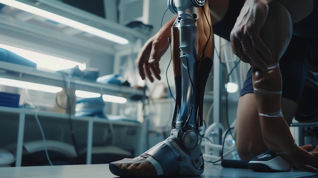 Foto uomo futuristico con una protesi di gamba robotica