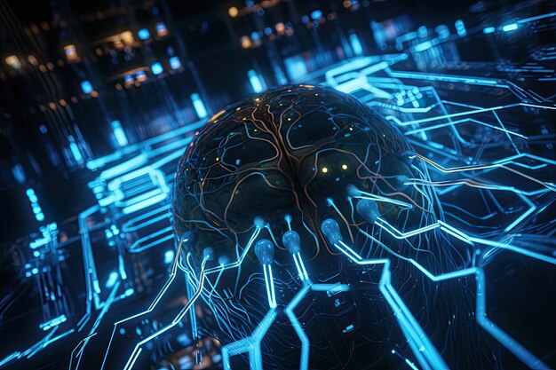 Futuristic manmachine connection amid brilliant circuitry generative IA