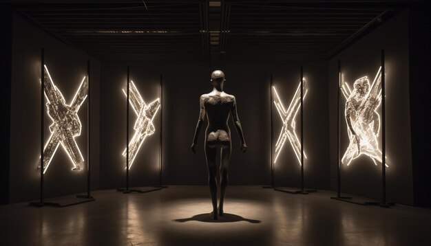 Futuristic mannequin standing in illuminated window showcasing modern fashion design generated by AI