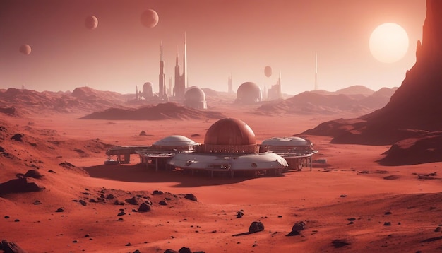 Футуристическая колония Марса с куполообразными средами обитания, передовыми технологиями и пыльным красным ландшафтом.