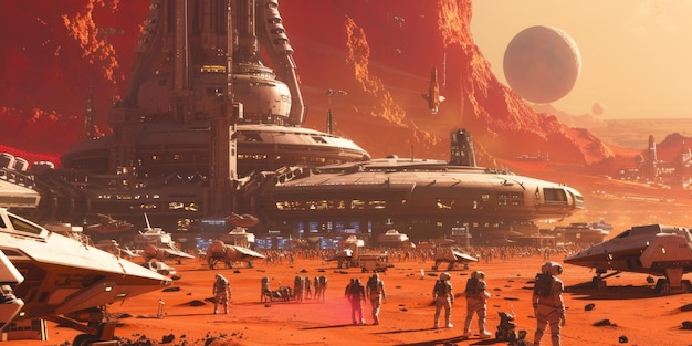 Futuristic Mars Spaceport with Starships Resplendent