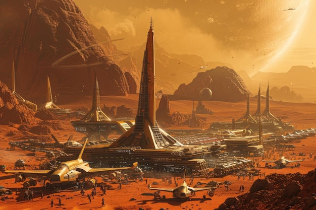 Futuristic Mars Spaceport with Starships Resplendent