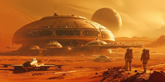 Futuristic mars spaceport with starships resplendent