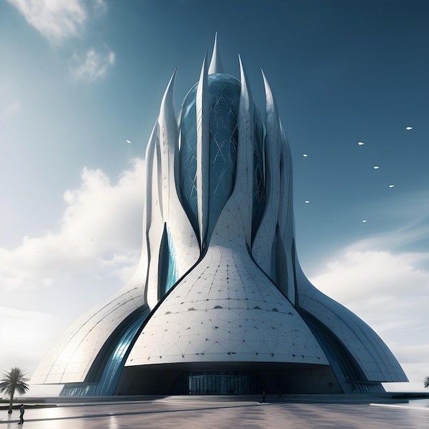 Futuristic marvel 3d render of an architectural masterpiece against a blue sky with clouds