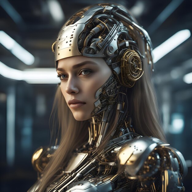 Photo a futuristic mechanic beautiful woman robot closeup with hot look