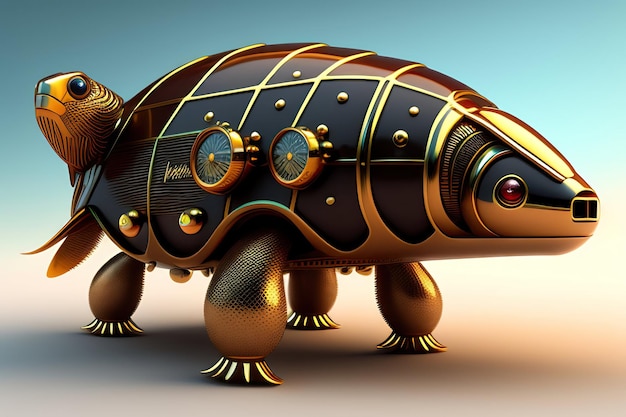 of futuristic mechanical turtle Steampunk style animal 3d illustration