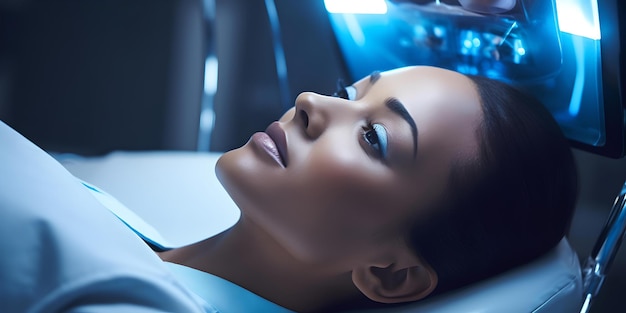 Futuristic medical exam with a woman patient lying down modern health care advanced technology in diagnosis and treatment scifi themed healthcare image AI