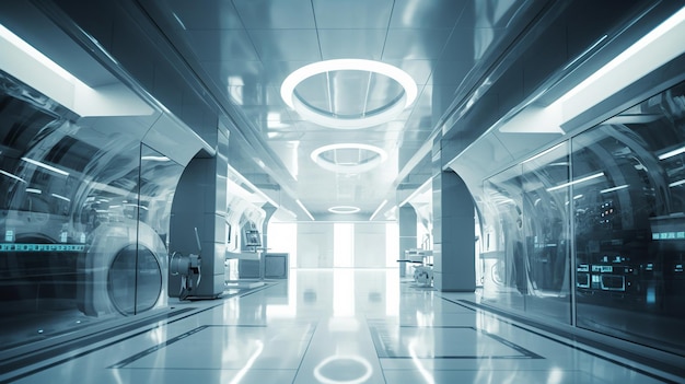 A futuristic medical facility hallway stretches into the distance illuminated by a circular light