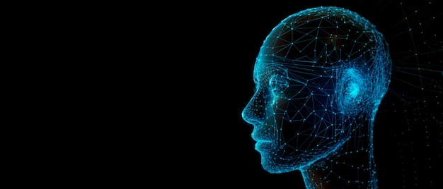 Futuristic medical technology abstract head abstract head graph of a person with graphs and cables on a background Hi tech Wireframe human AI system concept