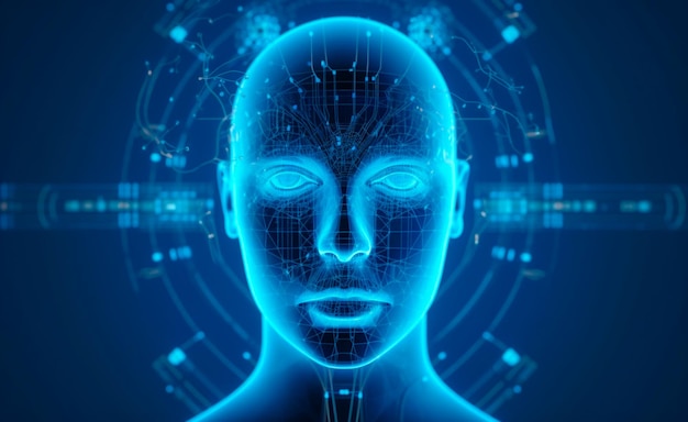 背景にグラフとケーブルを持つ人の未来的な医療技術の抽象的な頭の抽象的な頭のグラフ ハイテク ワイヤフレーム 人間 AI システム コンセプト