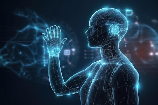 미래 의학 디지털 가상 컴퓨터 인터페이스 가상 홀로그램 과학 및 의학 개념의 혁신 의학 기술 원격 의학 현대 실험실 생성 AI