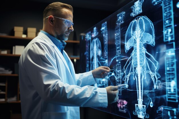 Futuristic medicine surgery treatment scientific technology hologram dna screen virtual reality highly scientific achievement technological digital holographic plate represented body heart lungs