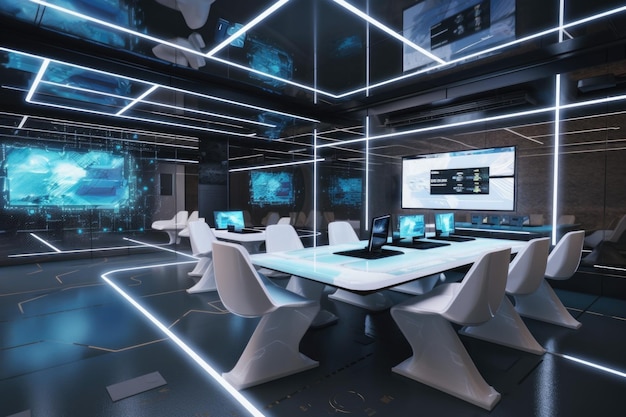 Futuristic meeting room with holographic displays and floating screens created with generative ai